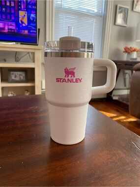 Stanley 20 ounce White Insulated Tumbler with Pink Logo and Handle